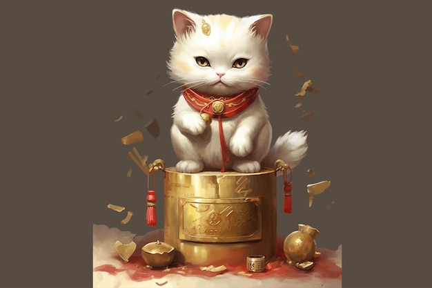 Słodki kot życzy powodzenia z chińskim znakiem w stylu realistycznych obrazów ilustracji wektorowych
