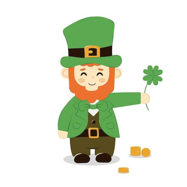 Słodki Kreskówkowy Leprechaun Z Koniczyną I Monetami Symbol Szczęścia Izolowany Wektor Brodaty Irlandzki święty Patrick