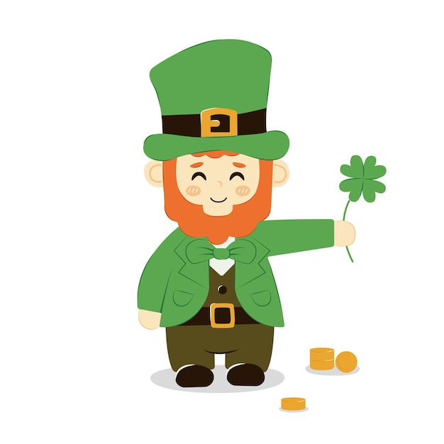 Plik wektorowy słodki kreskówkowy leprechaun z koniczyną i monetami symbol szczęścia izolowany wektor brodaty irlandzki święty patrick