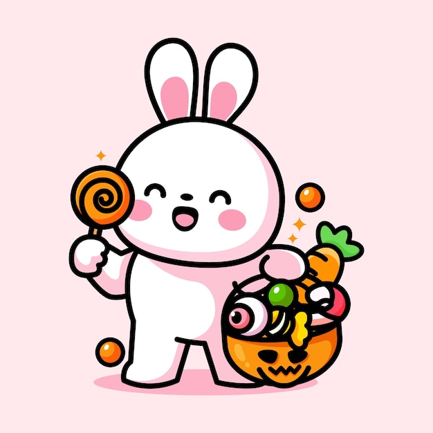 Plik wektorowy słodki króliczek trzymający cukierki i świętujący halloween