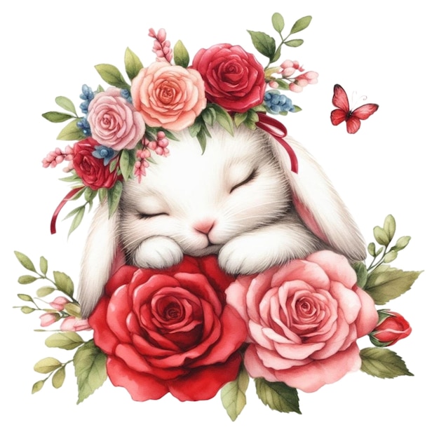 Plik wektorowy słodki królik śpiący na koszyku z kwiatami