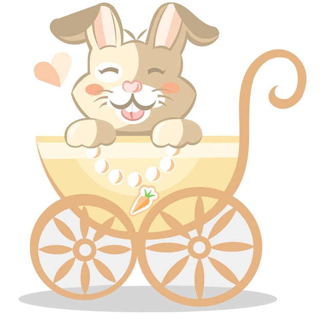 Plik wektorowy słodki królik w żółtym dziecięcym wózku z malutkim wisiorkiem z marchwi kolorowa ilustracja wektora