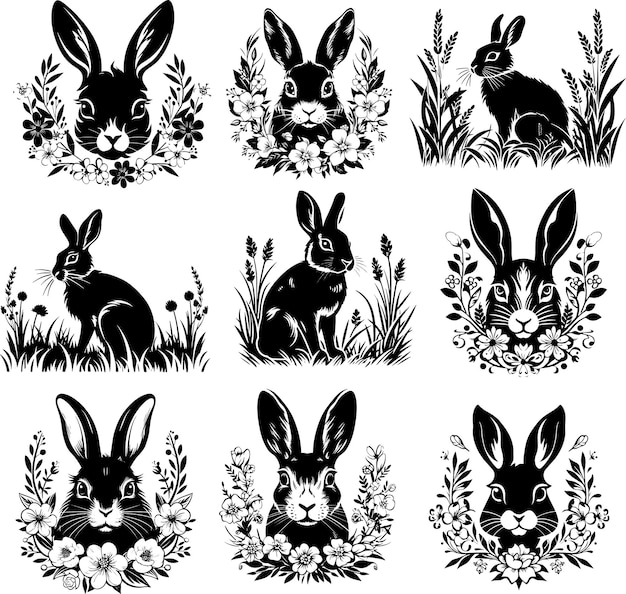 Słodki kwiat królik sylwetka czarno-biała ilustracja wektorowa