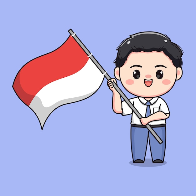 Słodki Licealista Trzymający Indonezyjską Flagę Chibi Kawaii