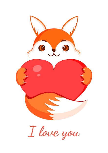 Słodki lis trzyma duże czerwone serce Ilustracja wektorowa lisa na walentynki na pocztówkę