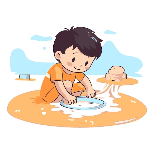 Plik wektorowy słodki mały chłopiec bawiący się wodą na plaży