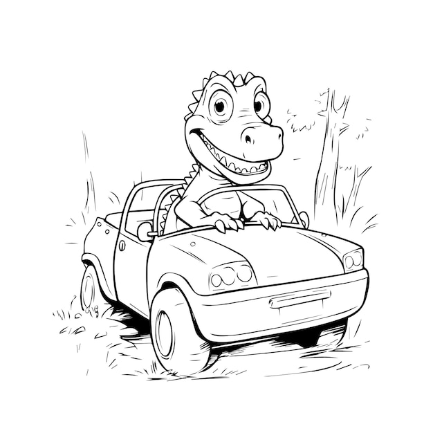 Słodki mały krokodyl prowadzący samochód idzie do lasu zabawne zwierzęta kreskówki ilustracja wektorowa kolorystyka książka lub strona