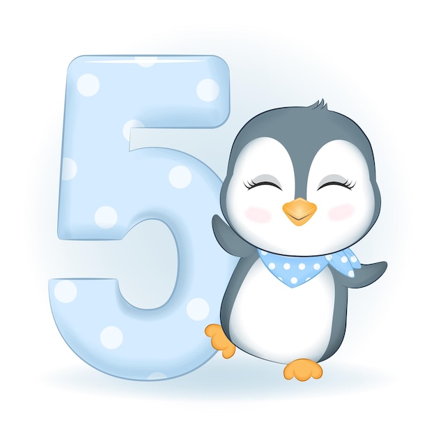 Słodki Mały Pingwin I Numer 5 Wszystkiego Najlepszego W Wieku 5 Lat