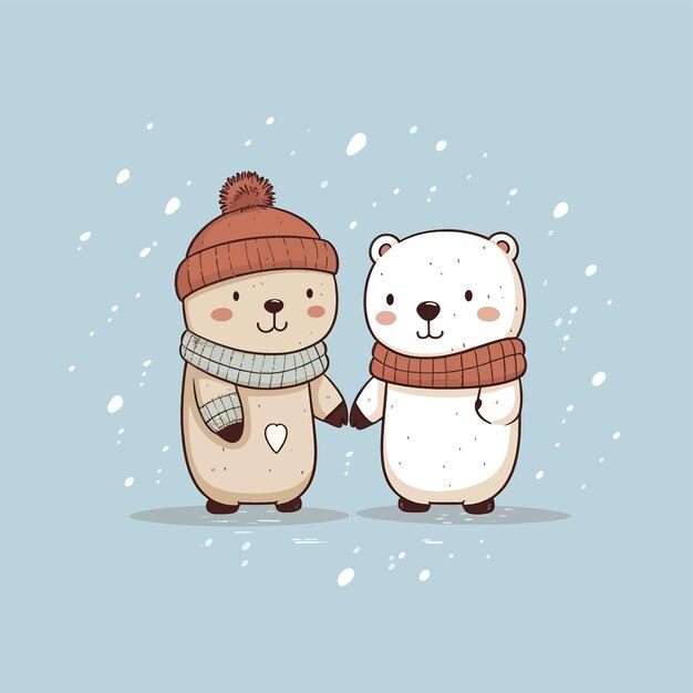 Słodki miś i niedźwiedź polarny przyjaciele powitanie kreskówka doodle karta
