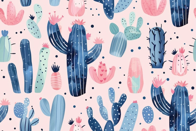Słodki, modny, ręcznie narysowany kaktus z bezszwowym wzorem tła