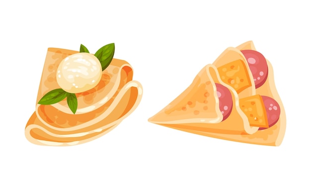 Słodki naleśnik lub naleśnik podawany z serem i Wurst Filling Vector Set