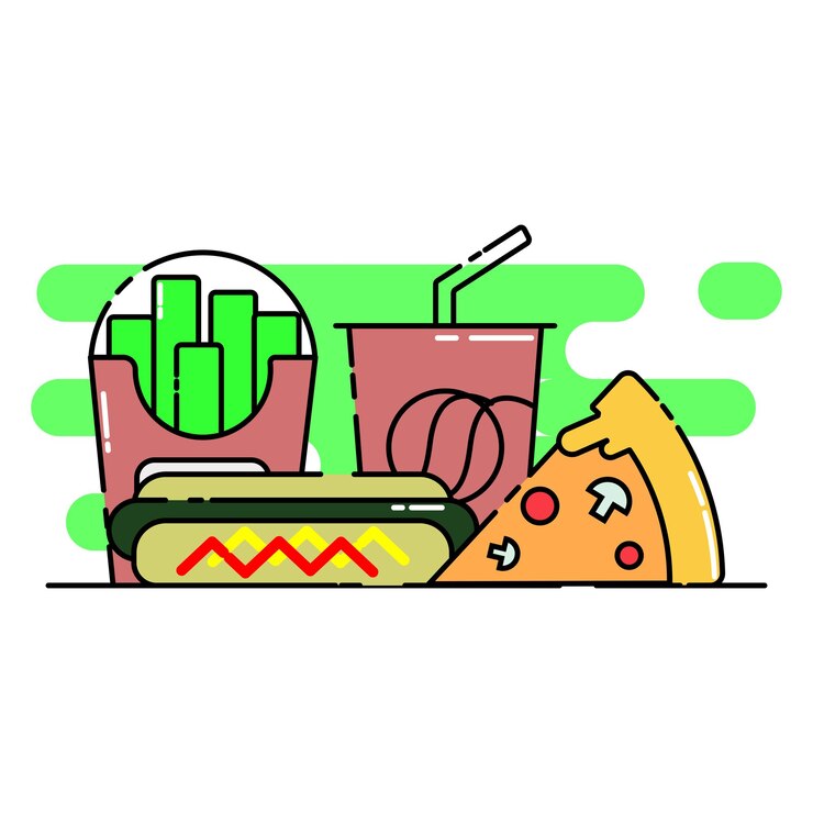 Wektor słodki napój gazowany frytki pizza hot dogy jedzenie uliczne warp ilustracja ikony w stylu kreskówki