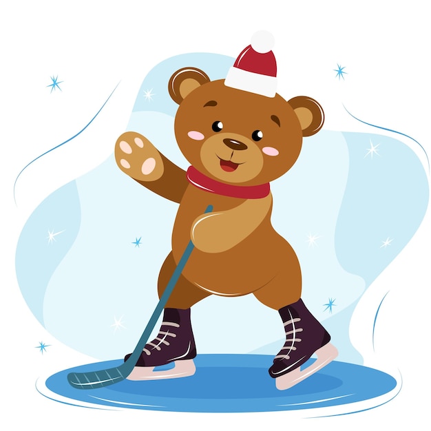 Plik wektorowy słodki niedźwiadek w noworocznym kapeluszu grający w hokejową zimową rozrywkę szkic linii