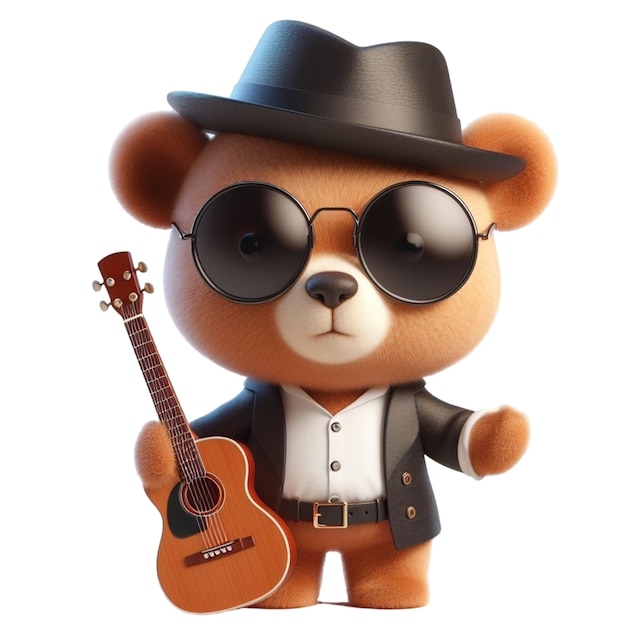 Słodki niedźwiedź grający na gitarze.