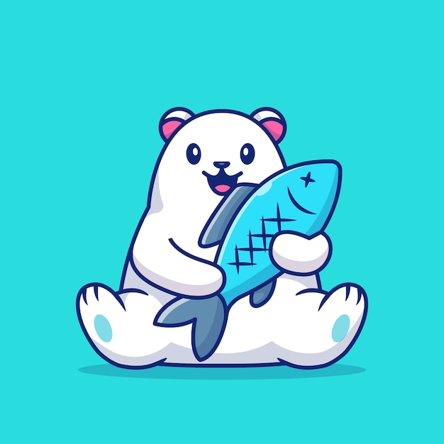 Plik wektorowy słodki niedźwiedź polarny gospodarstwa duże ryby ikona ilustracja. koncepcja ikona miłości zwierząt.