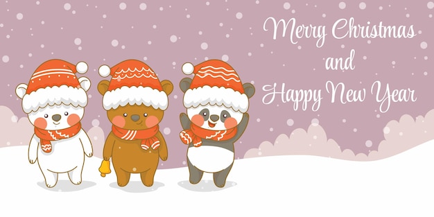 Plik wektorowy słodki niedźwiedź polarny i panda z banerem z życzeniami bożonarodzeniowymi i noworocznymi