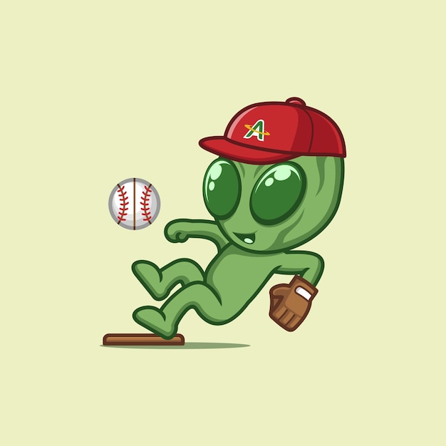 Słodki Obcy Z Kreskówki Grający W Baseball.