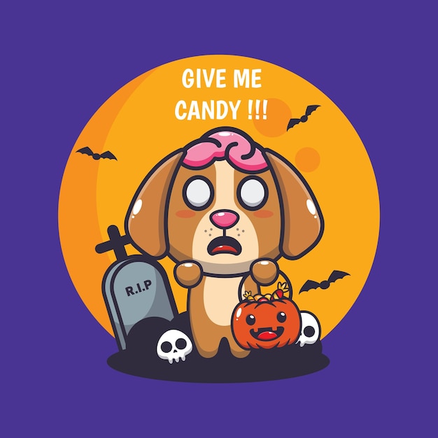 Słodki pies zombie chce cukierków. Ilustracja kreskówka ładny halloween.
