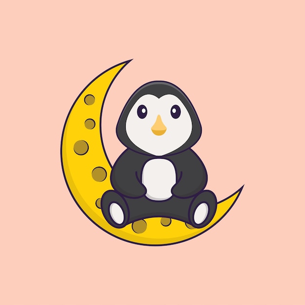 Słodki Pingwin Siedzi Na Księżycu. Koncepcja Kreskówka Zwierzę Na Białym Tle.