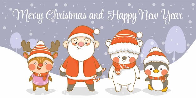 Plik wektorowy słodki pingwin świętego jelenia i niedźwiedź polarny z banerem powitalnym świąt i nowego roku