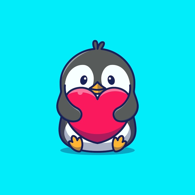 Słodki Pingwin Trzymający Duże Serce Kreskówka Ikona Ilustracja