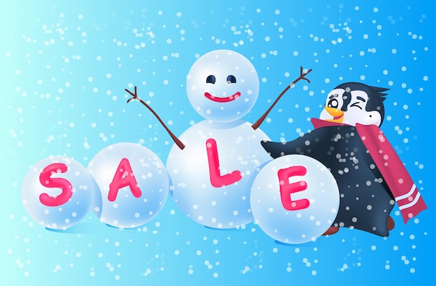 Słodki Pingwin Z Plakatem Sprzedaży Bałwana Koncepcja Zakupów świątecznych Na Całej Długości Poziomej