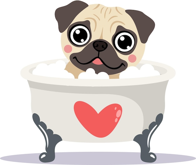 Słodki Pug cieszy się relaksującą kąpielą bąbelkową