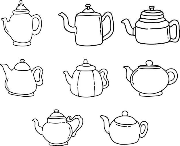 Słodki ręcznie rysowany minimalistyczny zestaw ilustracji do czajnika Doodle Kettle