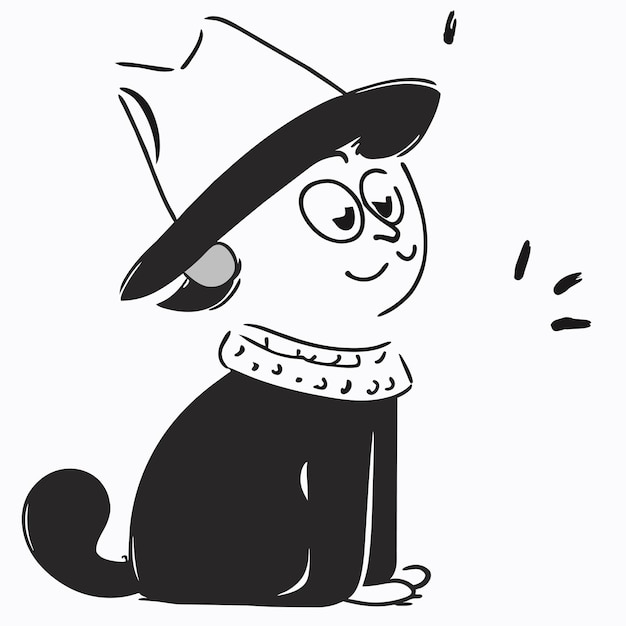 Plik wektorowy słodki rysunek kota z kapeluszem wiedźmy ręcznie narysowany naklejka kreskówkowa ikonka koncepcja izolowana ilustracja