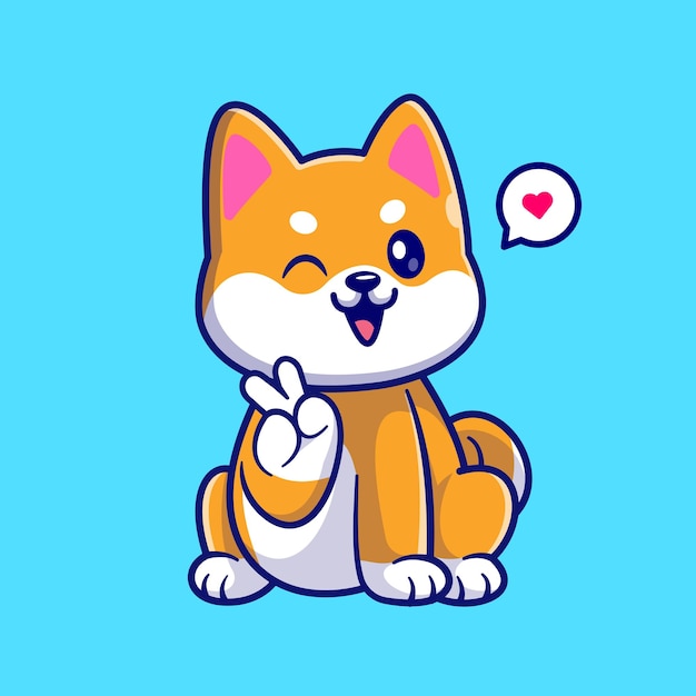 Słodki Shiba Inu Pies Siedzący z Ręką Pokoju Karikatura Wektorowa Ikona Ilustracja Natura Zwierzęta Izolowana