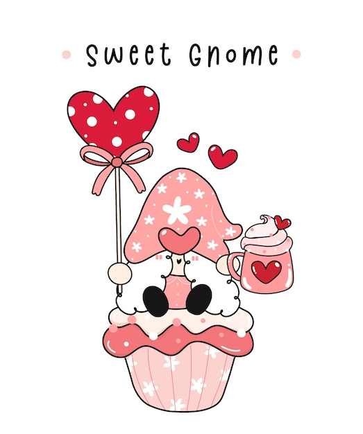 Słodki Słodki Valentine Gnome Gril Z Różowym Biczem Kremowym Kubkiem I Cukierkami W Kształcie Serca Siedzieć Na Słodkiej Bułce, Kreskówka Płaski Wektor Ręcznie Rysunek Kontur