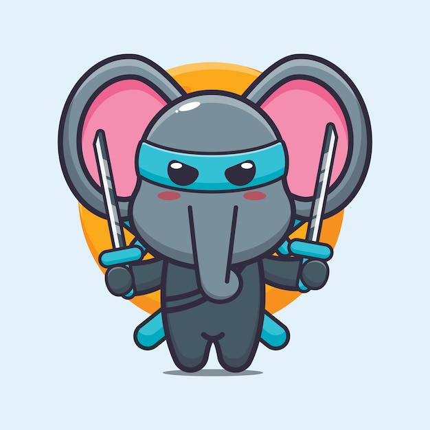 Słodki słoń ninja Śliczna kreskówka ilustracja zwierząt
