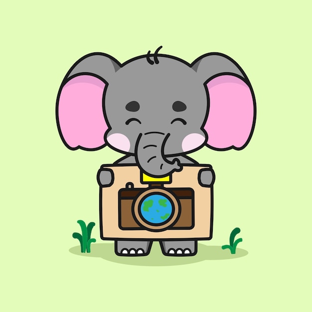 Plik wektorowy słodki słoń świętuje światowy dzień fotografii słodki słoń ilustracja kreskówka