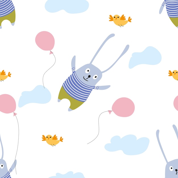 Plik wektorowy słodki szczęśliwy króliczek leci w balonie z ptakami i chmurami handdrawn dziecięcy bezszwowy wzór styl skandynawski tapeta opakowania papier do pakowania tekstyliax9
