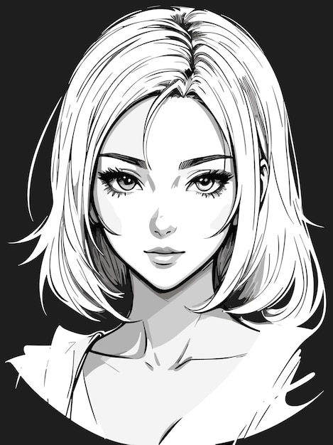 Plik wektorowy słodki szkic młodej kobiety w kolorze czarno-białym anime artstyle ilustracja portretu