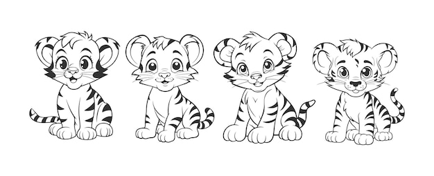 Plik wektorowy słodki tygrys kreskówki linia sztuki kolory dla dzieci baby tygrys zwierzę ilustracja książki do malowania