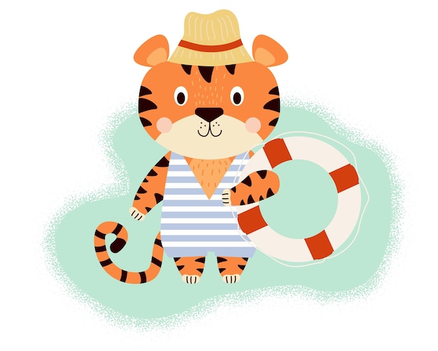 Plik wektorowy słodki tygrys na plaży w kapeluszu przeciwsłonecznym w paski strój kąpielowy i koło ratunkowe w ilustracji wektorowych łapy