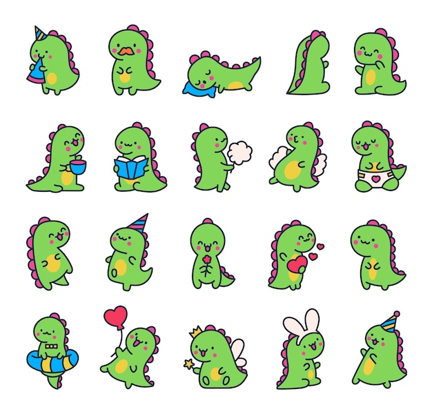 Słodki uśmiechnięty dinozaur kawaii Zabawne postacie dinozaura z kreskówek Ręcznie narysowany styl rysunek wektorowy