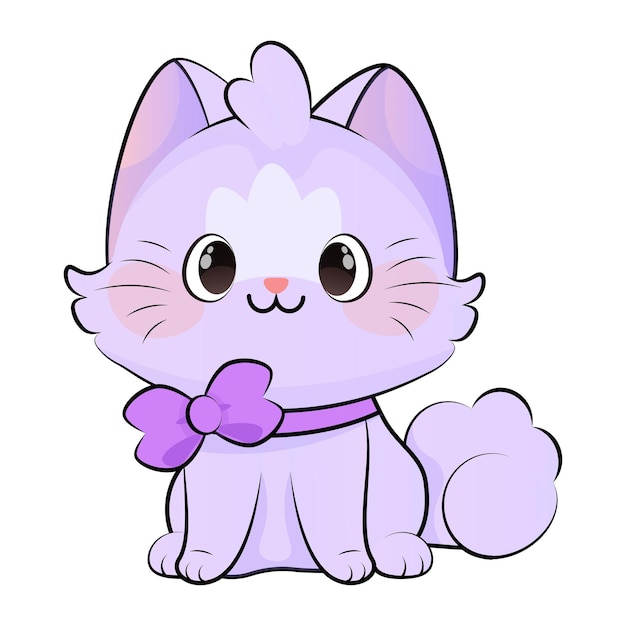 Plik wektorowy słodki uśmiechnięty fioletowy kot kawaii z łukiem na szyi