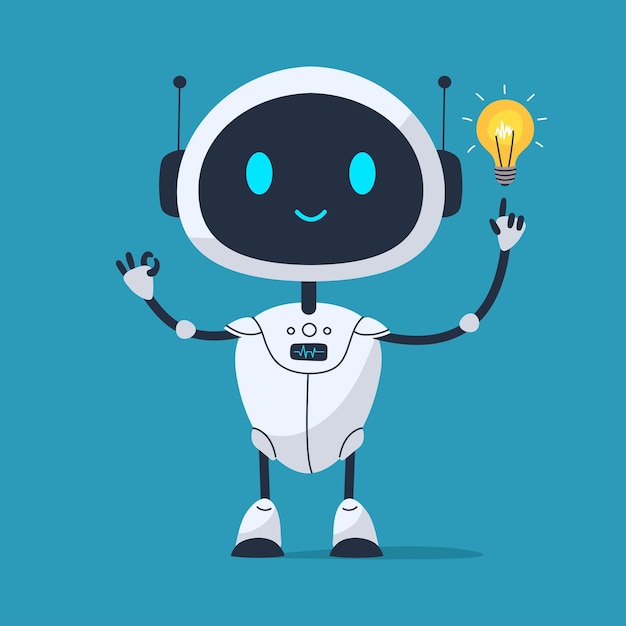 Słodki uśmiechnięty robot z wesołym wyrazem twarzy pomaga w znalezieniu pomysłów i inspiracji