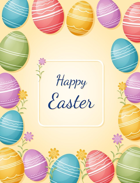 Słodki wektor kreskówki Szczęśliwej Wielkanocnej kartki banerowej kolorowo ozdobione jajka wielkanocne z tekstem