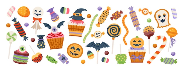 Słodki Zestaw Halloween. Cukierki, Candy Cane I Lollipop W Przerażającej Okładce Cukierków Dyni, Ducha I Gałki Ocznej Na Białym Tle. Ilustracja Wektorowa. Dobre Dla Projektów Wakacyjnych