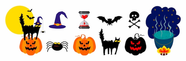 Słodki zestaw wektorowy z ilustracjami i ikonami na Halloween dynię, duch, kot, nietoperz, czaszka, piaskownica