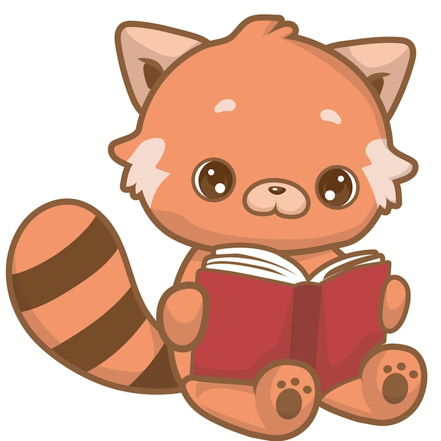 Słodki Znak Logo Czerwona Panda Czyta Książkę Płaski Styl Kreskówki
