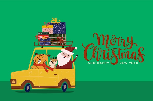 Plik wektorowy słodki zwierzak prowadzi samochód i dostarcza prezenty ilustracja słodkich świąt