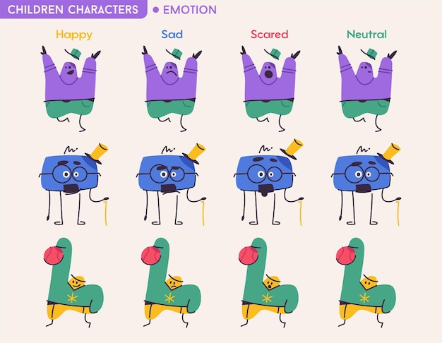 Plik wektorowy słodkie abstrakcyjne postacie dla dzieci z różnymi emocjami