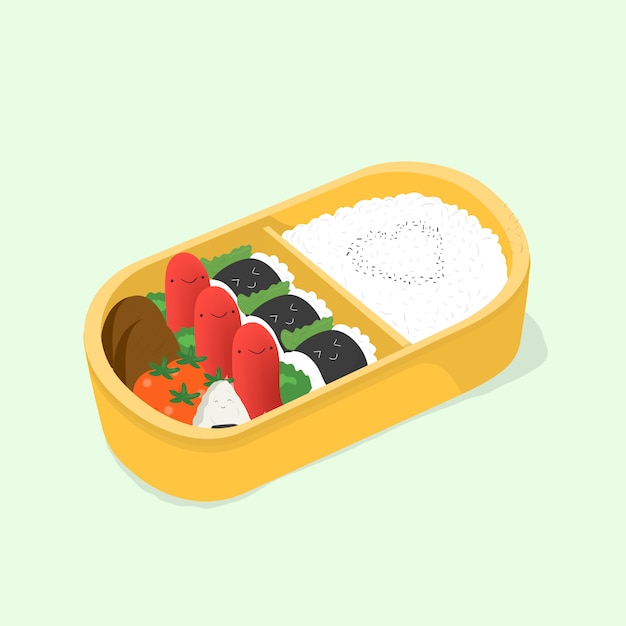 słodkie bento. Japońskie pudełko na lunch. Jedzenie śmieszne kreskówki. Izometryczny ilustracja kolorowy