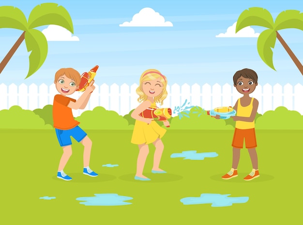 Plik wektorowy słodkie dzieci bawiące się bronią wodną na świeżym powietrzu szczęśliwi chłopcy i dziewczęta bawiący się w wakacjach letnich ilustracja wektorowa