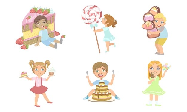 Plik wektorowy słodkie dzieci z słodkimi deserami uśmiechnięci chłopcy i dziewczęta jedzące cukierki, lody, lodówki, ilustracje wektorowe