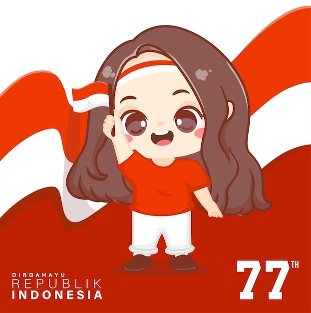 Słodkie Dziecko Dziewczyna świętuje Indonezja 77. Dzień Niepodległości Lub Dirgahayu Kemerdekaan Indonezja Ke 77